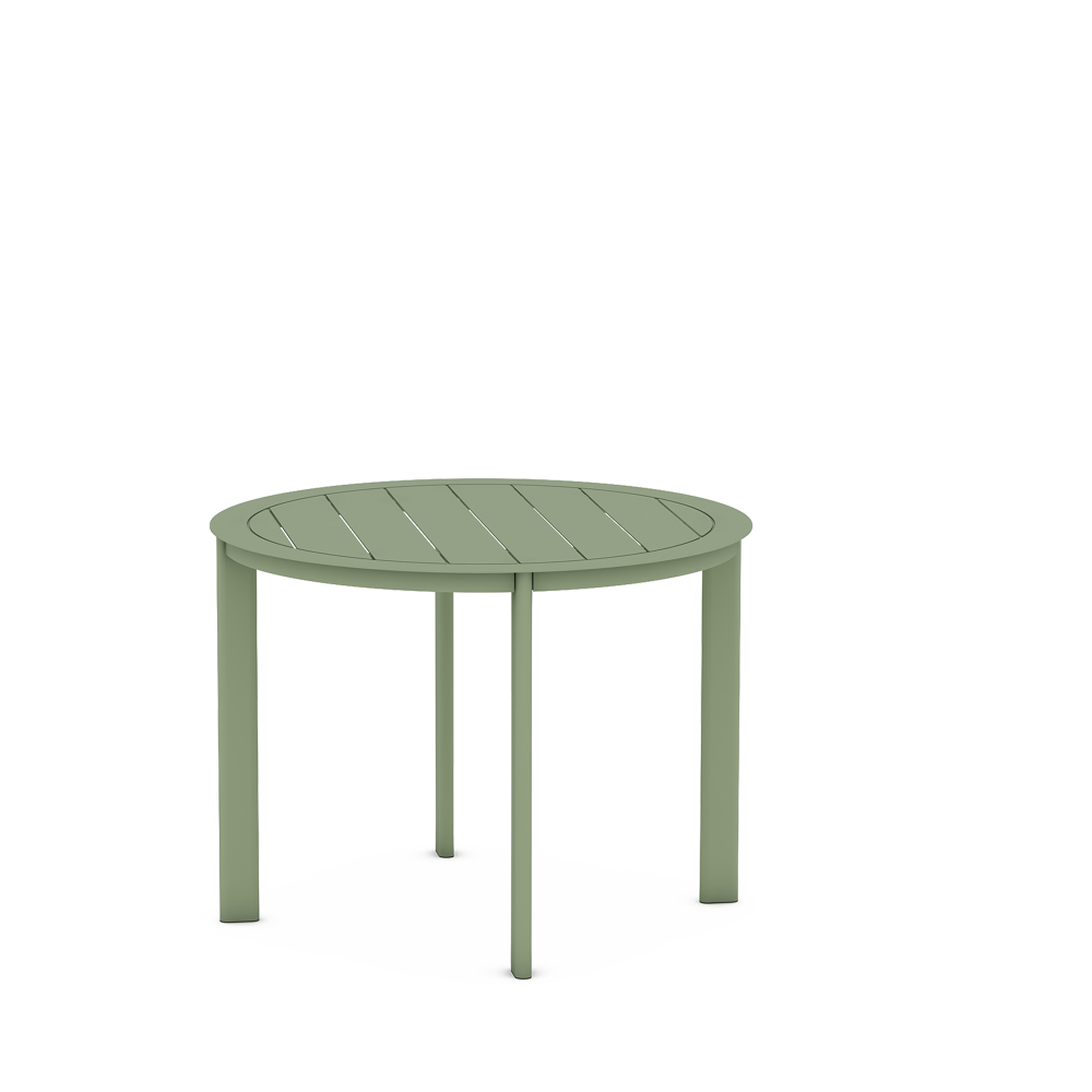 Nemi dining table（round）, the seat of the chairs, loungers and stools of the dasia line - with or without armrests - is fashioned from curved strips of powder coated aluminium and supported by a four-leg or sledge frame.